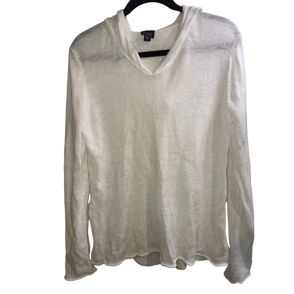 Eileen Fisher Sz L White 100% Linen Knit Hoodie Long Sleeve Pullover Beach Boho